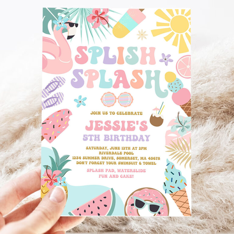 editable tropical splish splash water birthday party invitation girly splash pad water slide paddling pool summer party 3