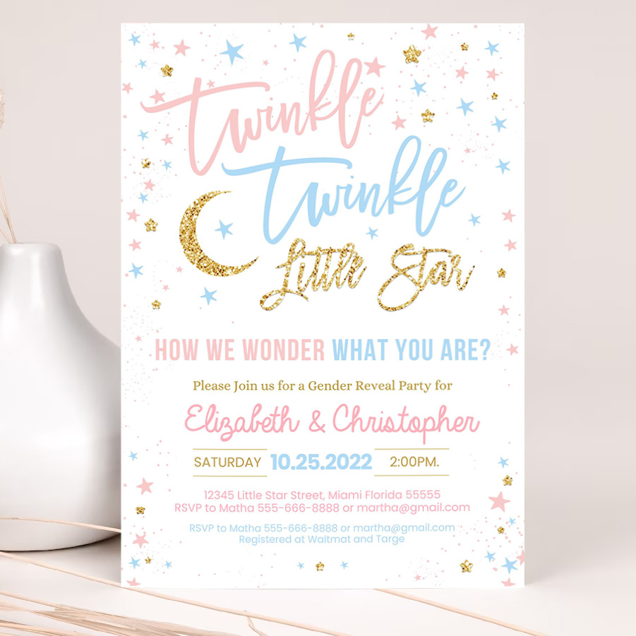 editable twinkle twinkle little star gender reveal baby shower invitation boy girl shower blue pink invite 2