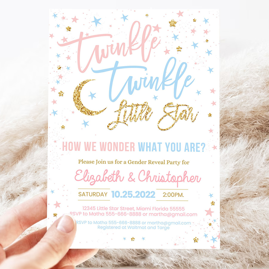 editable twinkle twinkle little star gender reveal baby shower invitation boy girl shower blue pink invite 3