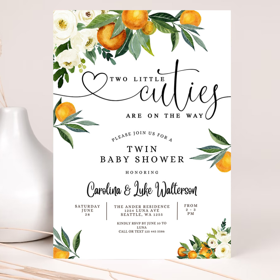editable twins two little cuties are on the way greenery orange gender neutral baby shower invitation template 2