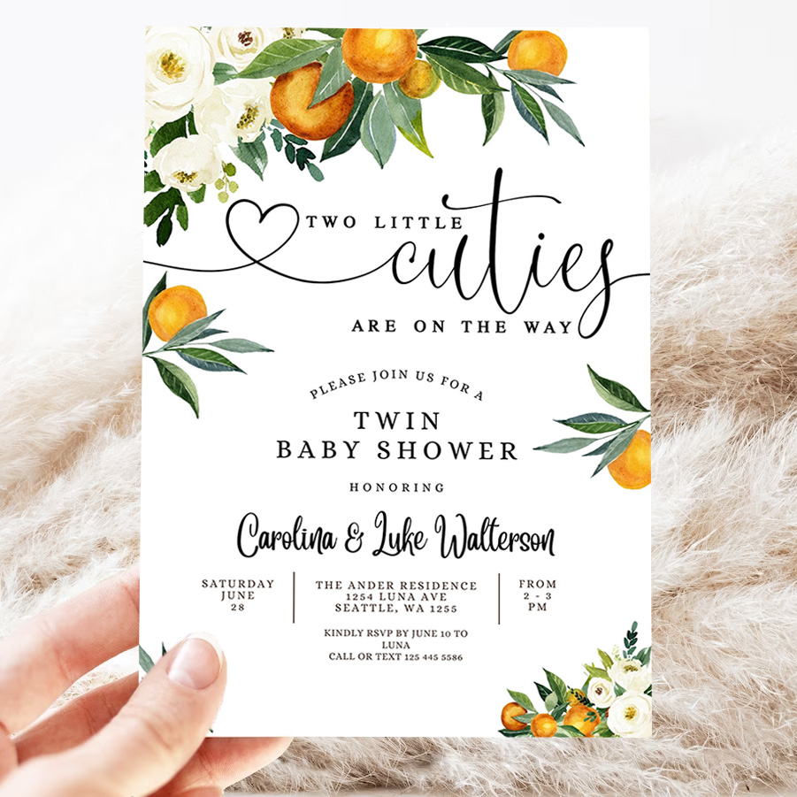 editable twins two little cuties are on the way greenery orange gender neutral baby shower invitation template 3