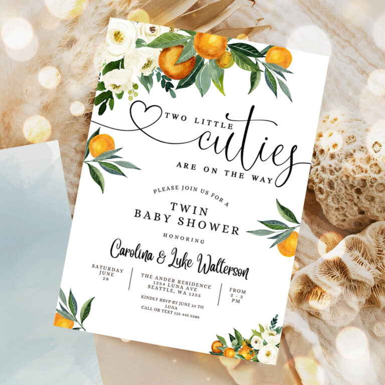 editable twins two little cuties are on the way greenery orange gender neutral baby shower invitation template 5