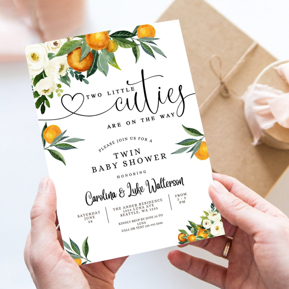 editable twins two little cuties are on the way greenery orange gender neutral baby shower invitation template 7