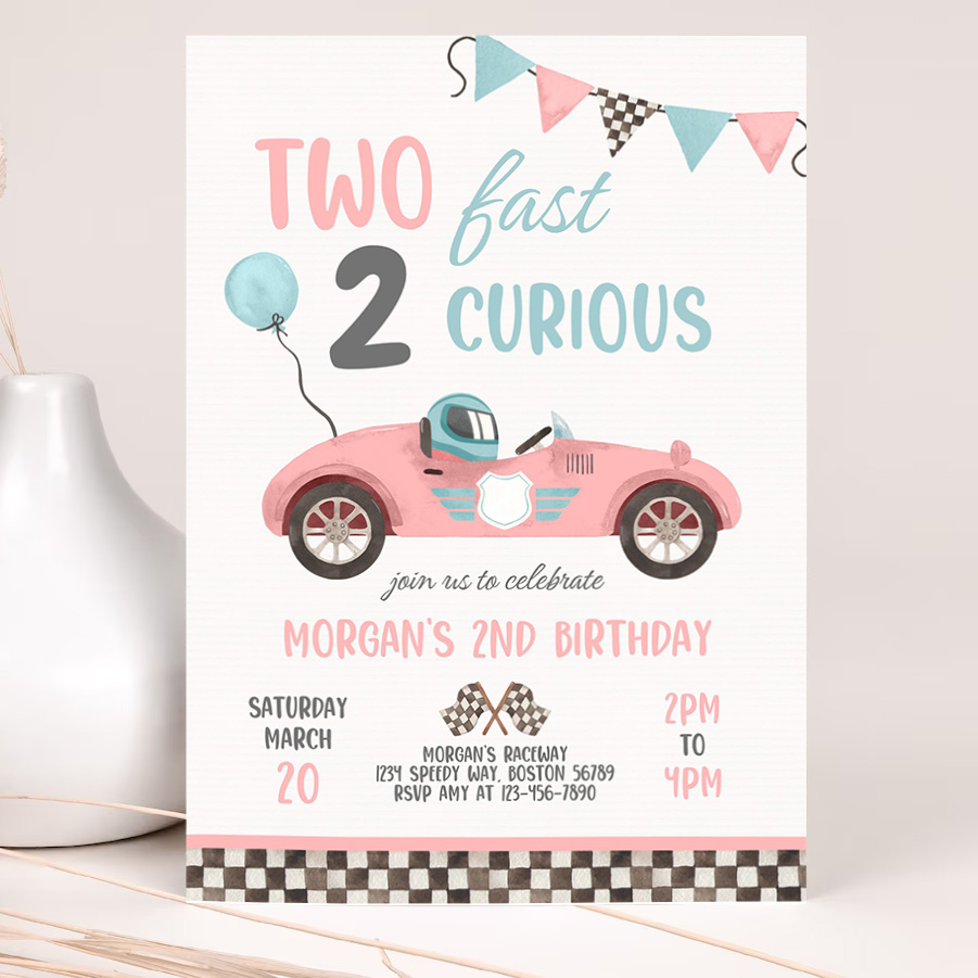 editable two fast birthday invitation two fast girl pink race car 2nd birthday party two fast 2 curious race car party 2