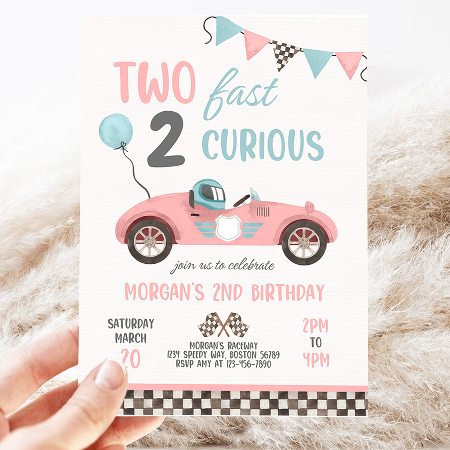 editable two fast birthday invitation two fast girl pink race car 2nd birthday party two fast 2 curious race car party 3