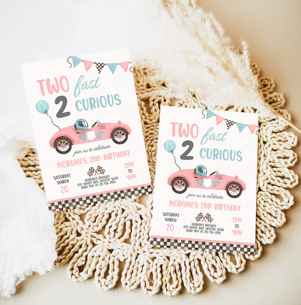 editable two fast birthday invitation two fast girl pink race car 2nd birthday party two fast 2 curious race car party 7