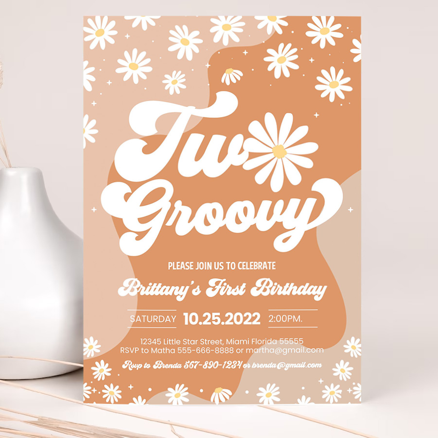 editable two groovy 2nd birthday party invitation boho retro groovy hippie floral 70s birthday party daisy hippie party 2
