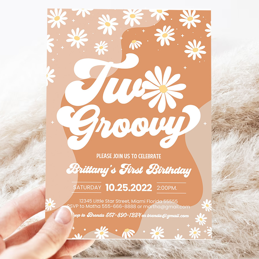 editable two groovy 2nd birthday party invitation boho retro groovy hippie floral 70s birthday party daisy hippie party 3