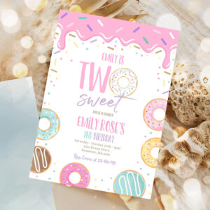editable two sweet donut birthday party invitation pink pastel donut two sweet 2nd birthday donut 2nd birthday party 1