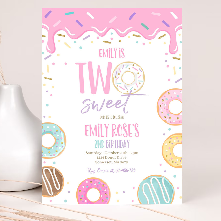 editable two sweet donut birthday party invitation pink pastel donut two sweet 2nd birthday donut 2nd birthday party 2