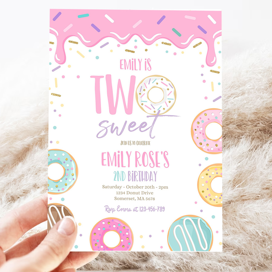 editable two sweet donut birthday party invitation pink pastel donut two sweet 2nd birthday donut 2nd birthday party 3