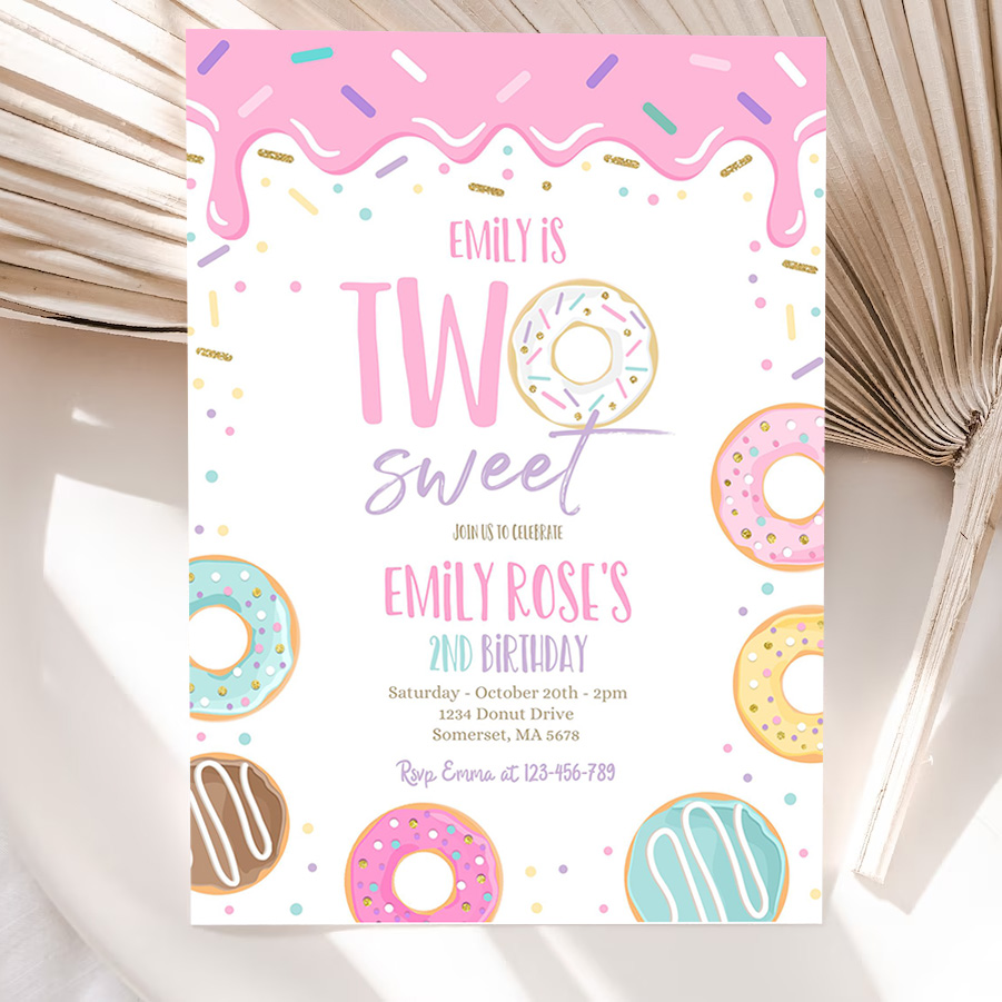 editable two sweet donut birthday party invitation pink pastel donut two sweet 2nd birthday donut 2nd birthday party 5