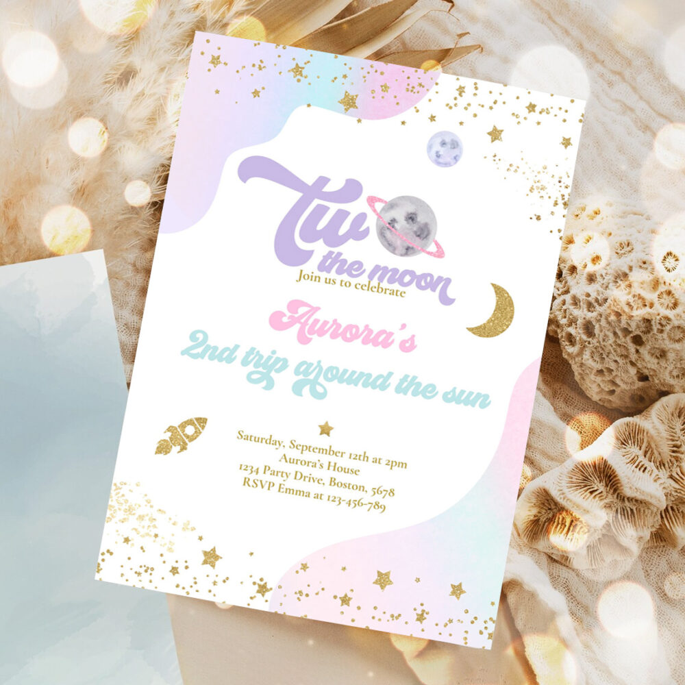 editable two the moon space birthday invitation 2nd trip around the sun watercolor pink planets galaxy outer space party 1