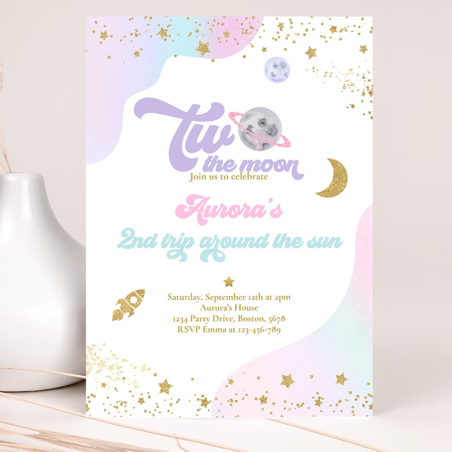 editable two the moon space birthday invitation 2nd trip around the sun watercolor pink planets galaxy outer space party 2