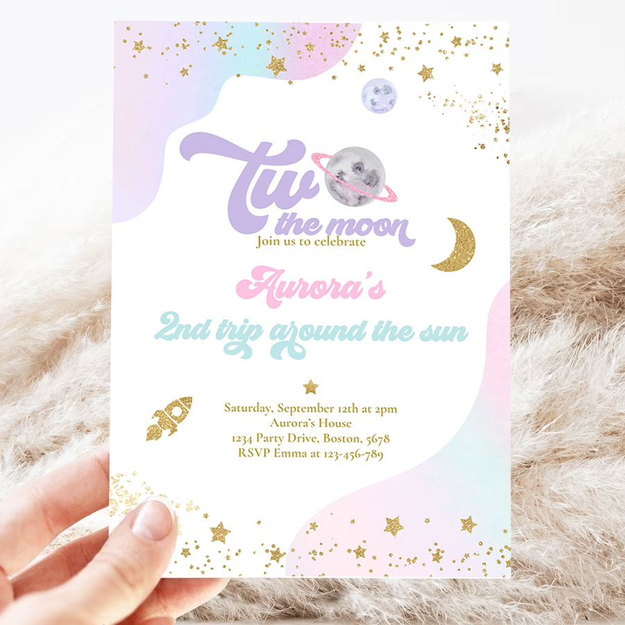 editable two the moon space birthday invitation 2nd trip around the sun watercolor pink planets galaxy outer space party 3