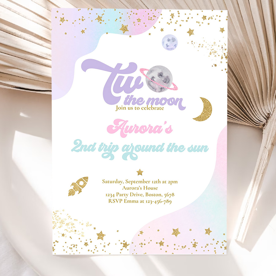 editable two the moon space birthday invitation 2nd trip around the sun watercolor pink planets galaxy outer space party 5