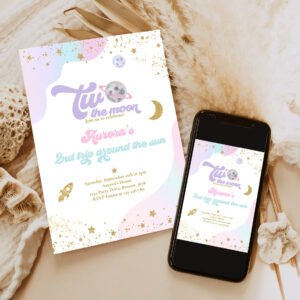 editable two the moon space birthday invitation 2nd trip around the sun watercolor pink planets galaxy outer space party 6