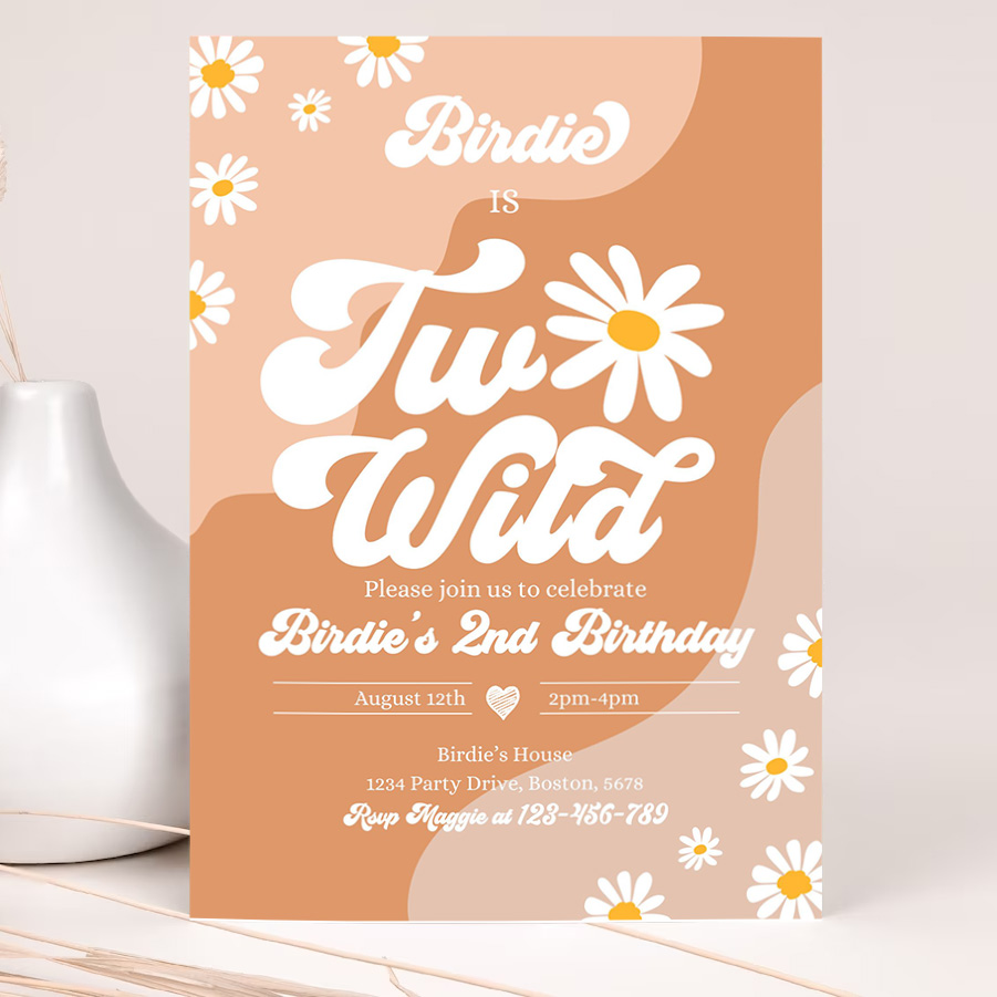 editable two wild 2nd birthday party invitation boho daisy two wild party groovy hippie floral 70s daisy hippie party 2