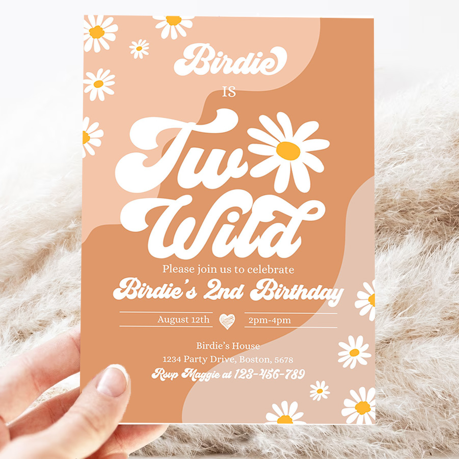 editable two wild 2nd birthday party invitation boho daisy two wild party groovy hippie floral 70s daisy hippie party 3