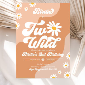 editable two wild 2nd birthday party invitation boho daisy two wild party groovy hippie floral 70s daisy hippie party 5