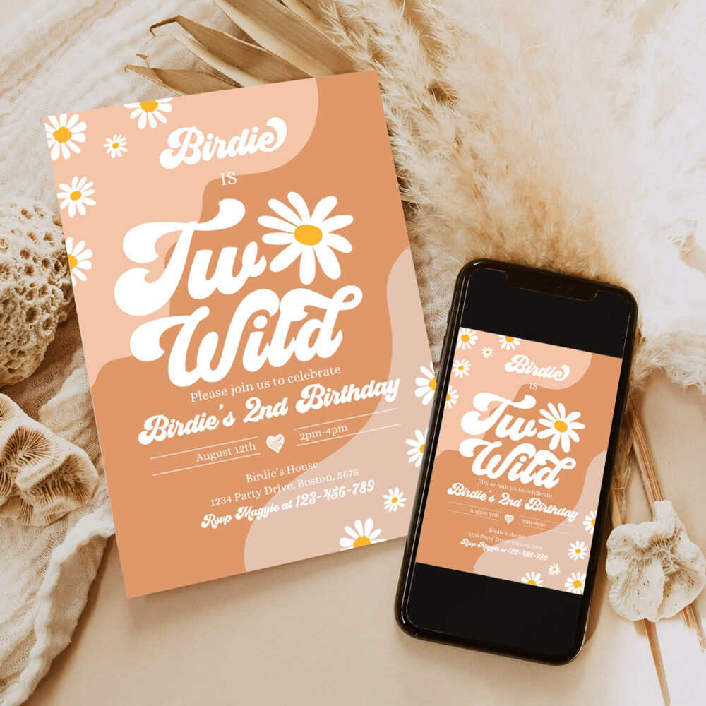 editable two wild 2nd birthday party invitation boho daisy two wild party groovy hippie floral 70s daisy hippie party 6