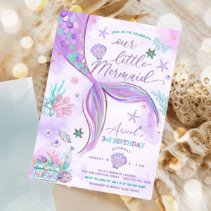 editable under the sea purple teal little mermaid birthday invitation birthday invite invites printable template 1