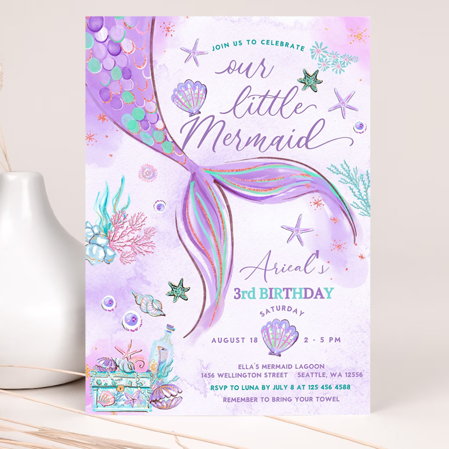 editable under the sea purple teal little mermaid birthday invitation birthday invite invites printable template 2