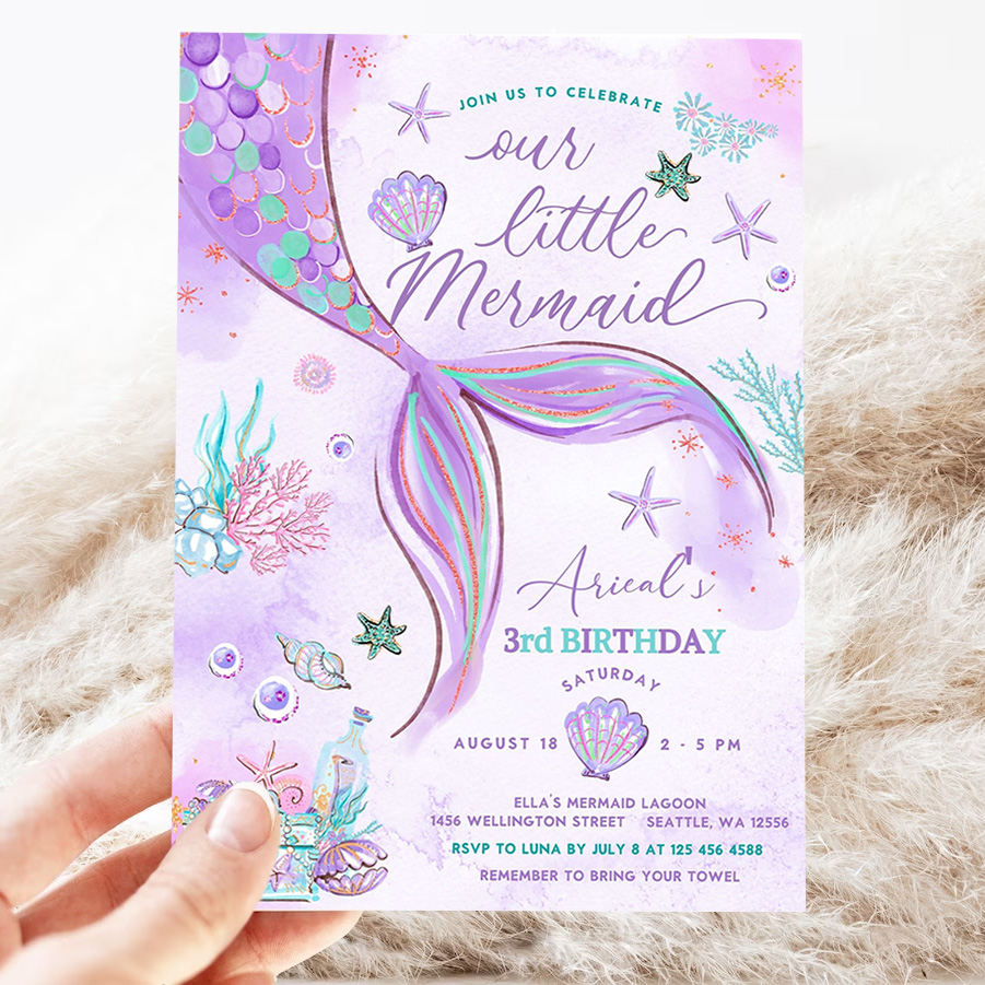 editable under the sea purple teal little mermaid birthday invitation birthday invite invites printable template 3