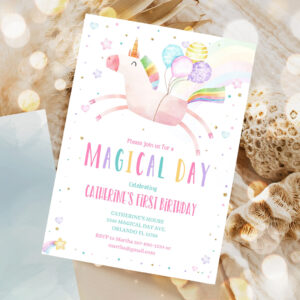 editable unicorn birthday invitation magical party invite girl pink first birthday digital invite template reainbow 1