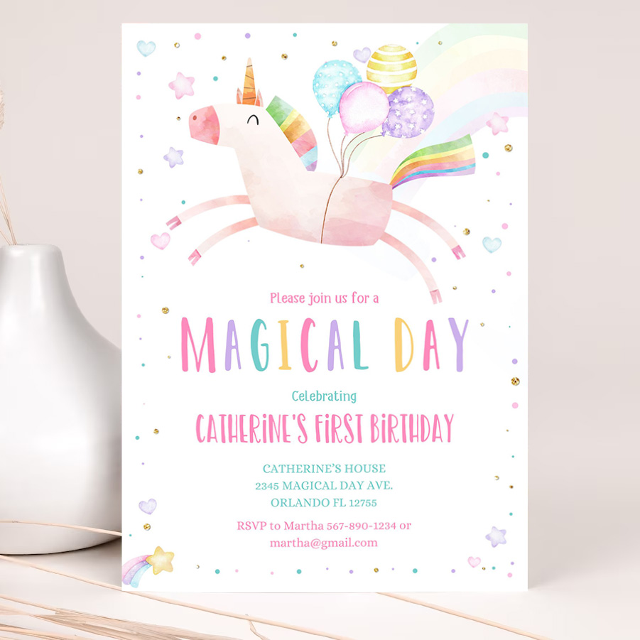 editable unicorn birthday invitation magical party invite girl pink first birthday digital invite template reainbow 2