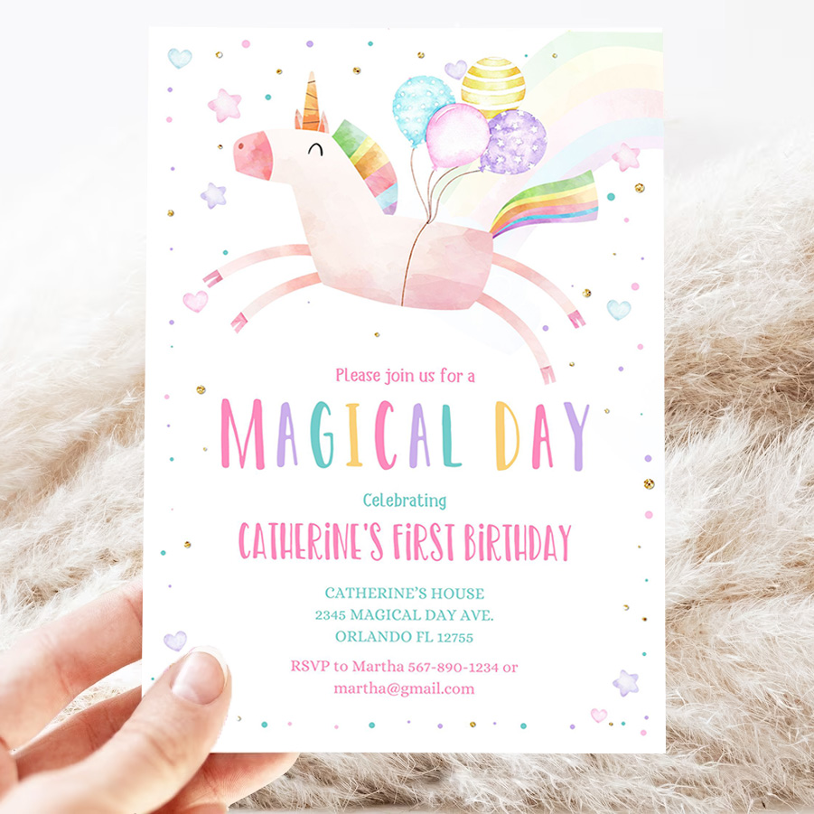 editable unicorn birthday invitation magical party invite girl pink first birthday digital invite template reainbow 3