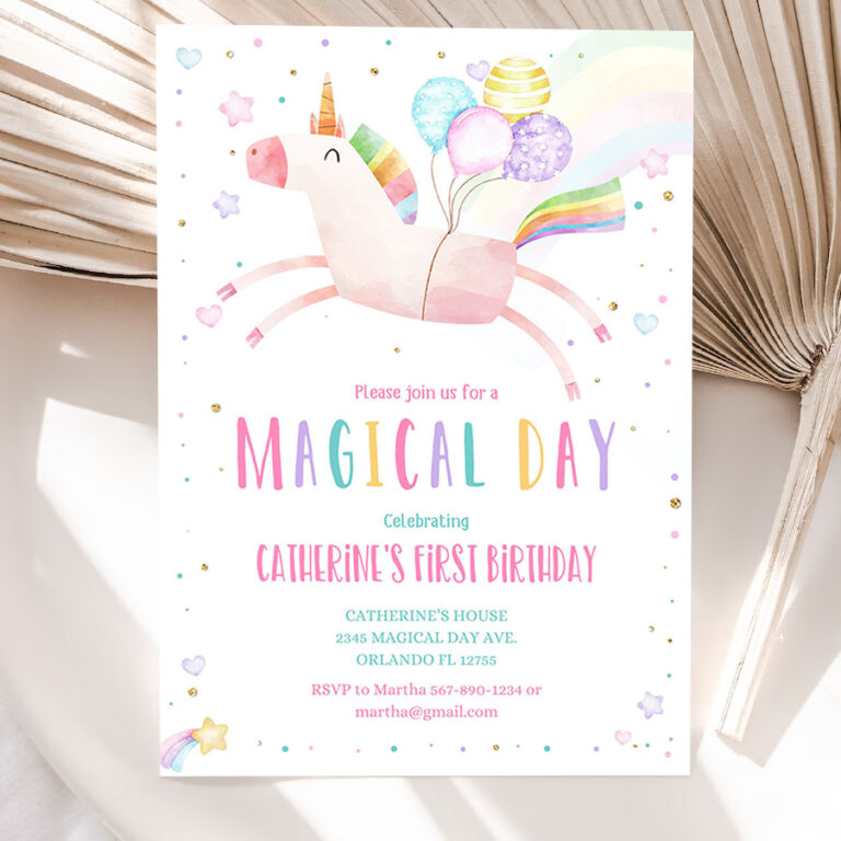 editable unicorn birthday invitation magical party invite girl pink first birthday digital invite template reainbow 5