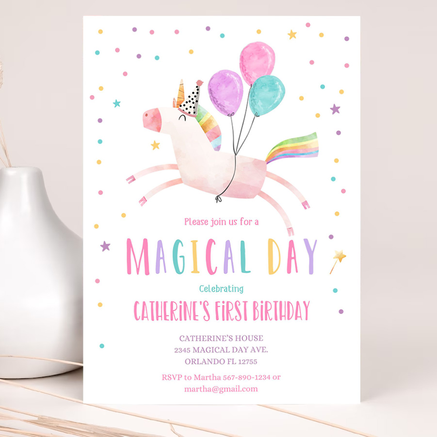 editable unicorn birthday invitation magical party invite girl pink first birthday party digital invite template rainbow invitation 2