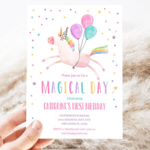 editable unicorn birthday invitation magical party invite girl pink first birthday party digital invite template rainbow invitation 3