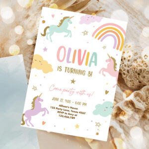 editable unicorn birthday invitation magical party invite girl pink pastel first digital unicorn party 1