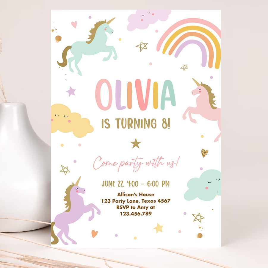 editable unicorn birthday invitation magical party invite girl pink pastel first digital unicorn party 2