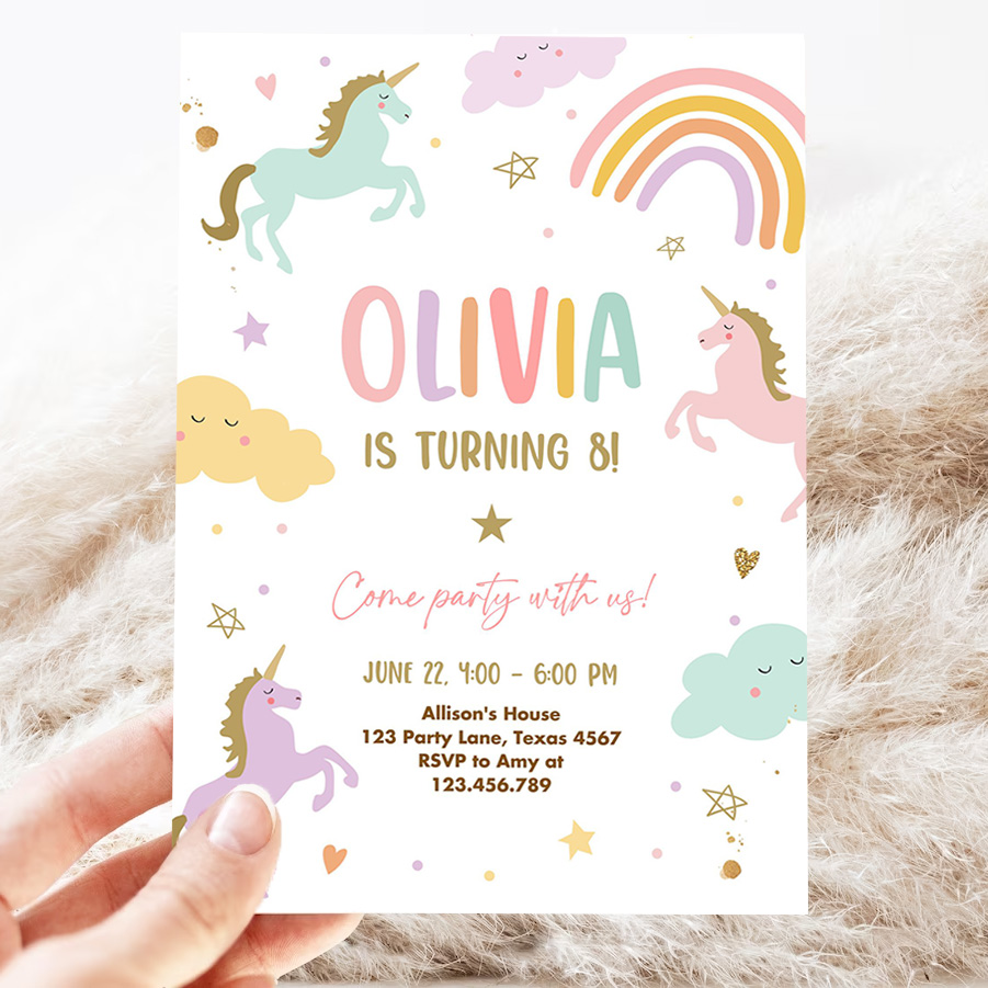 editable unicorn birthday invitation magical party invite girl pink pastel first digital unicorn party 3