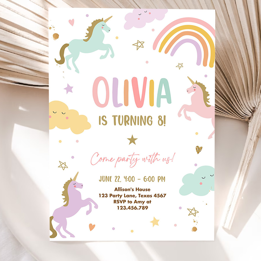 editable unicorn birthday invitation magical party invite girl pink pastel first digital unicorn party 5