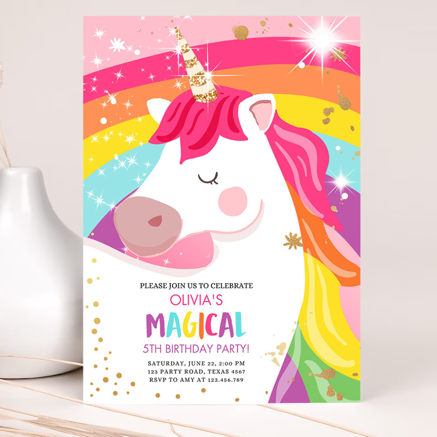 editable unicorn birthday invitation magical unicorn party girl pink gold unicorn invite rainbow printable 2
