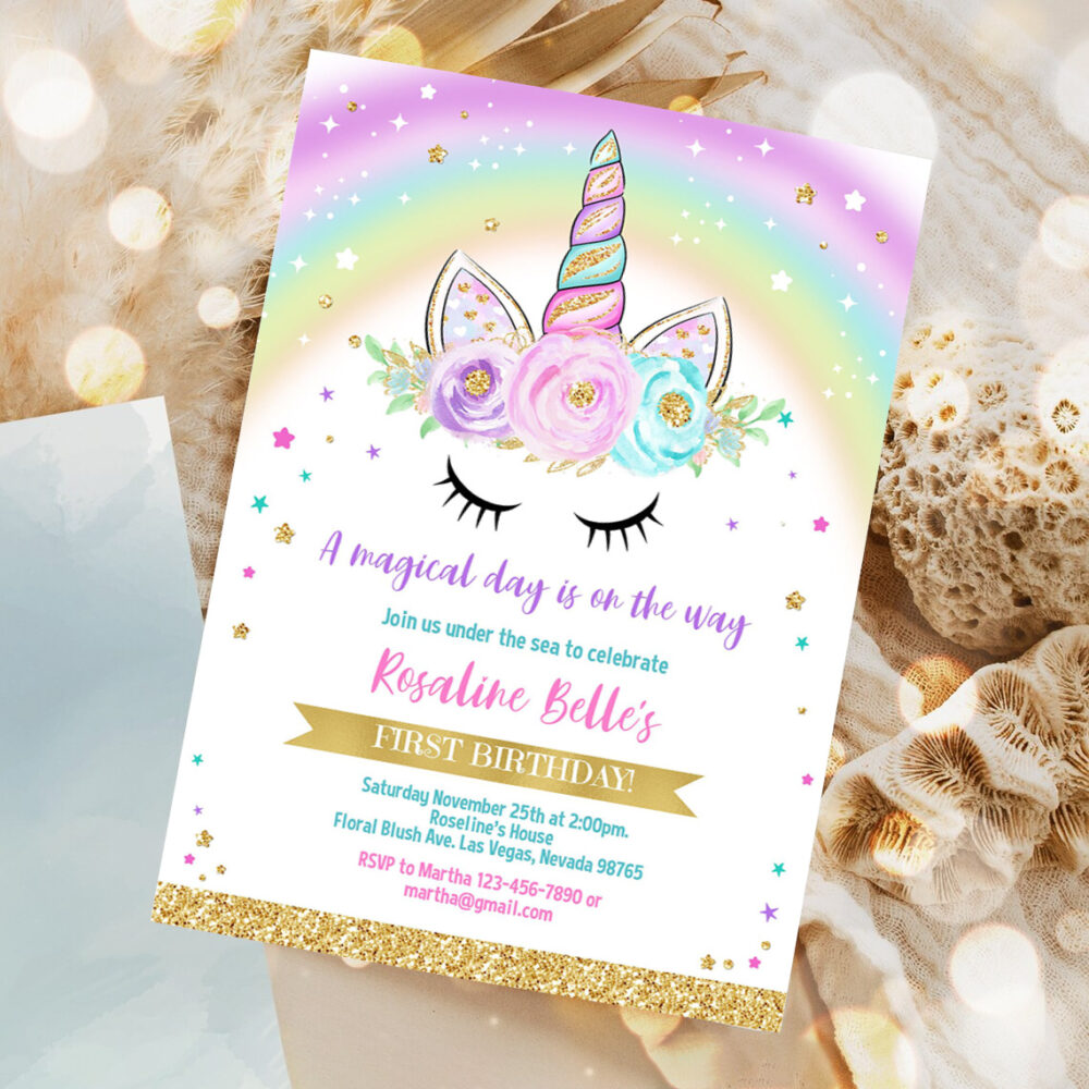 editable unicorn invitation rainbow unicorn invite unicorn party unicorn birthday magical unicorn girl gold party invite 1