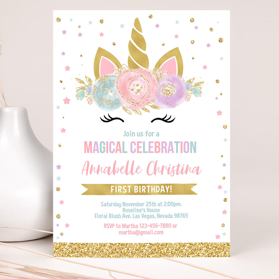 editable unicorn invitation unicorn party unicorn birthday invitations magical unicorn invite girl gold template 2