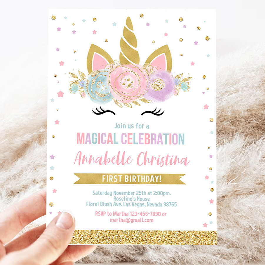 editable unicorn invitation unicorn party unicorn birthday invitations magical unicorn invite girl gold template 3