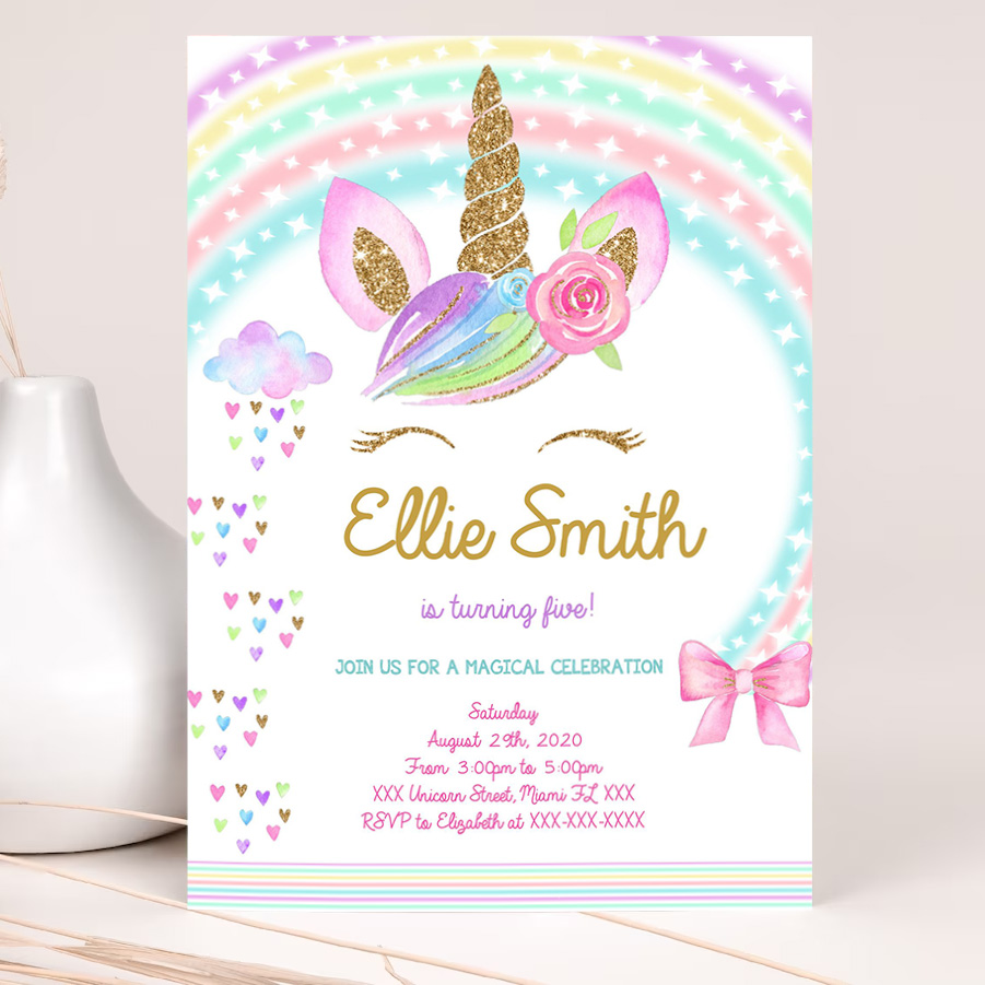 editable unicorn invitation unicorn party unicorn birthday magical unicorn invite girl pastel gold template 2