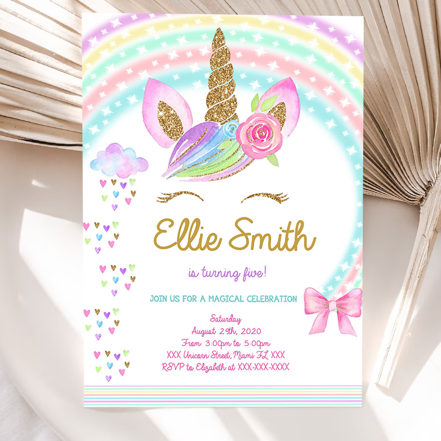 editable unicorn invitation unicorn party unicorn birthday magical unicorn invite girl pastel gold template 5