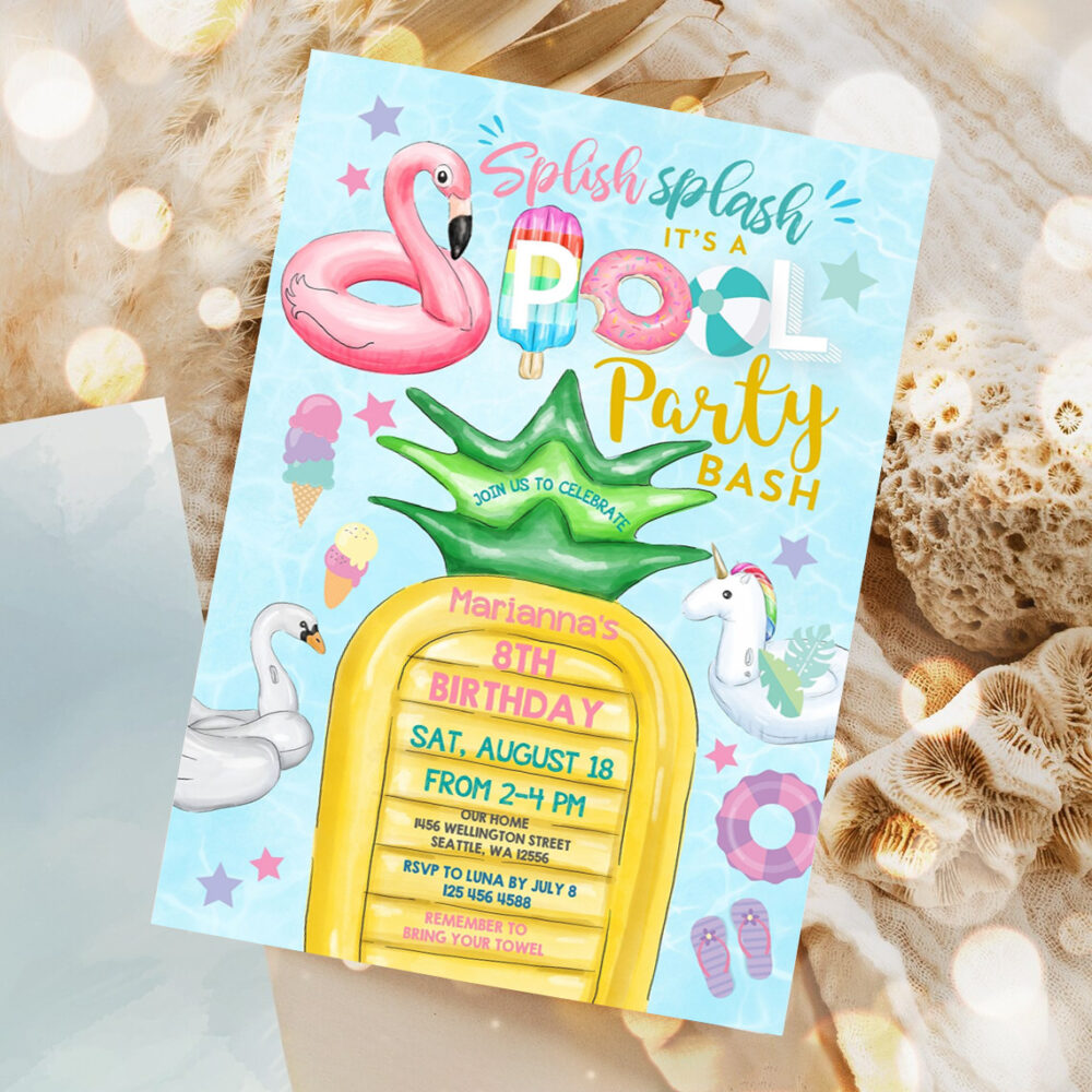 editable unicorn pool party invitation invite flamingo pineapple pool part party teens birthday invite 1