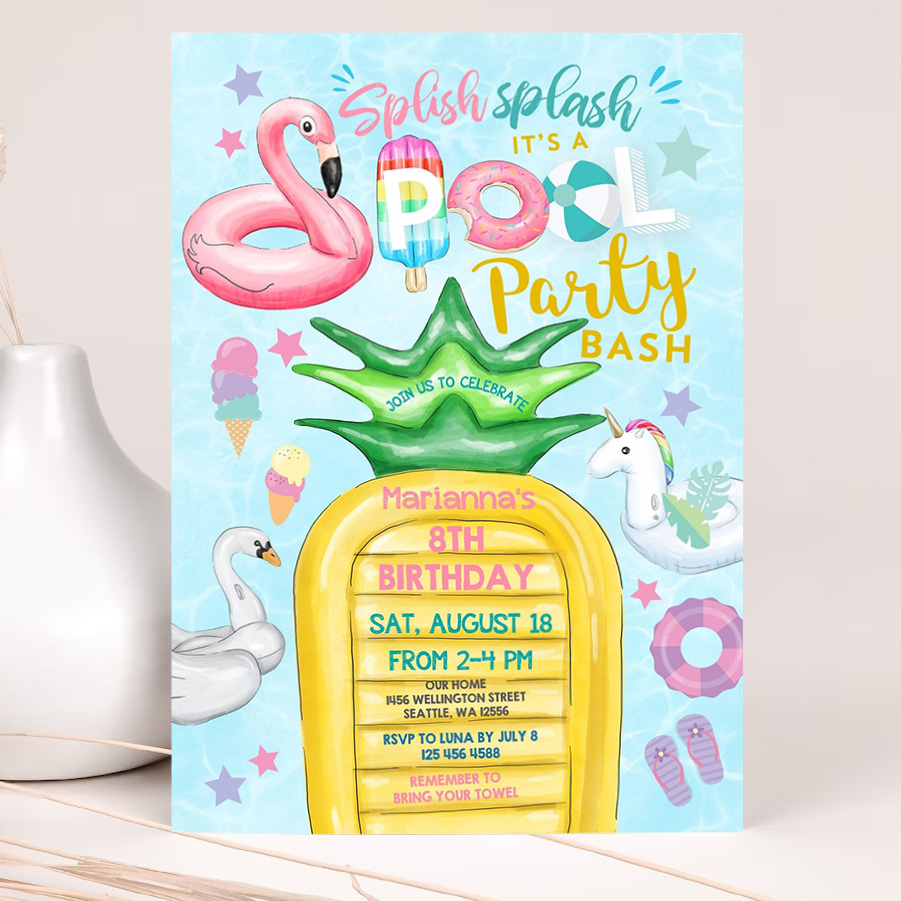 editable unicorn pool party invitation invite flamingo pineapple pool part party teens birthday invite 2