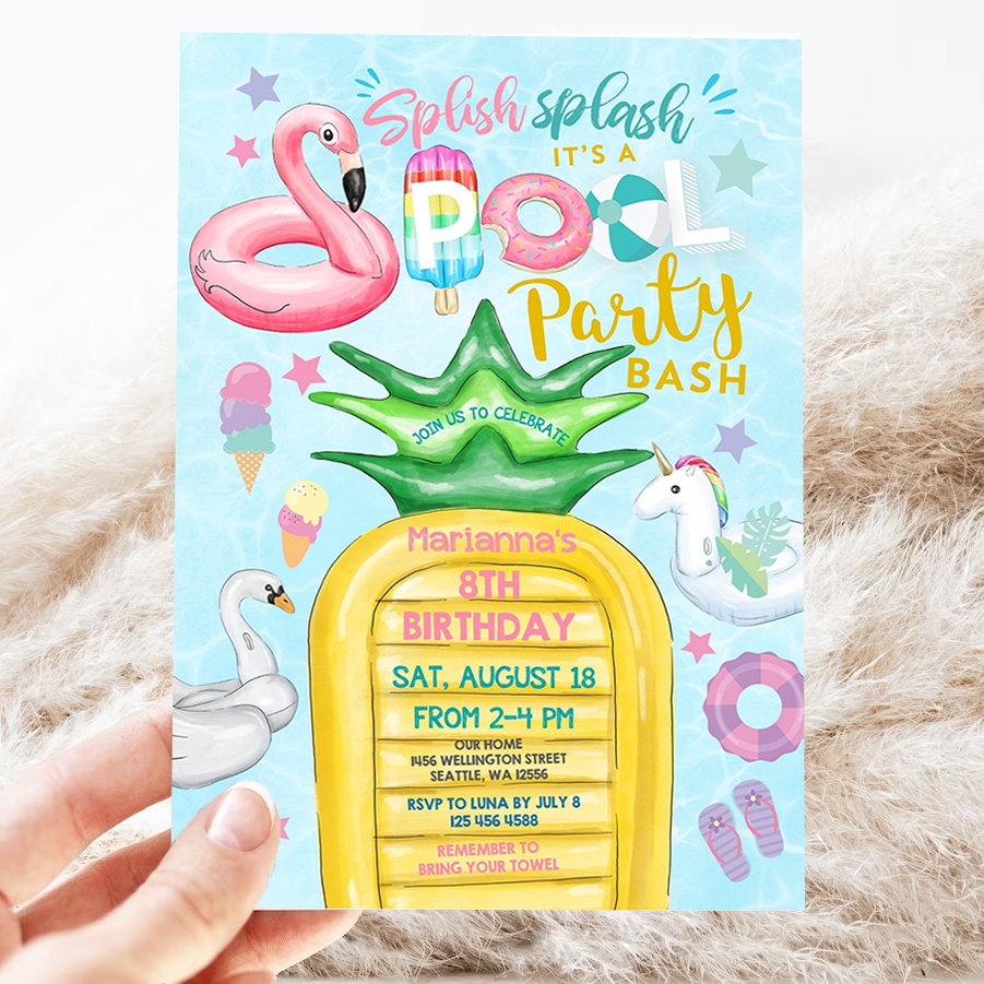 editable unicorn pool party invitation invite flamingo pineapple pool part party teens birthday invite 3