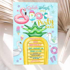 editable unicorn pool party invitation invite flamingo pineapple pool part party teens birthday invite 5