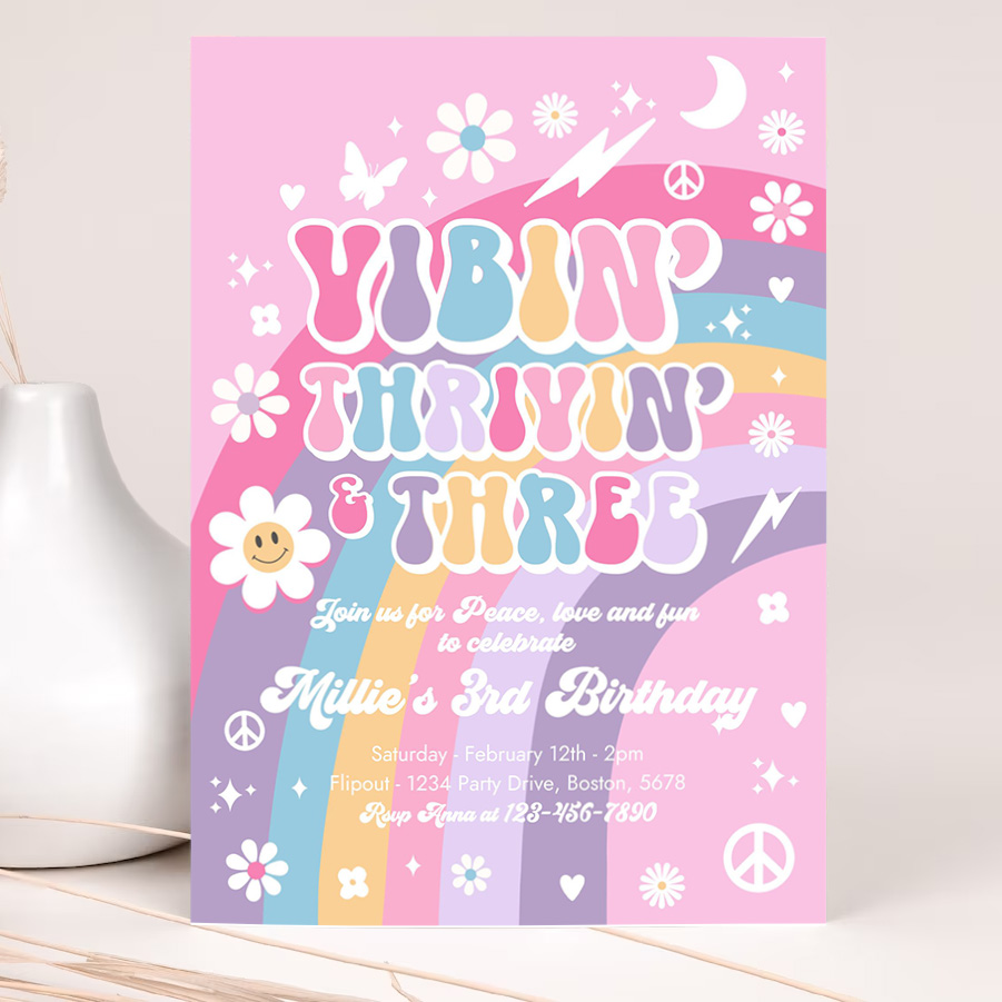 editable vibin thrivin and three 3rd birthday invitation pink purple blue groovy rainbow party hippie 70s birthday 2