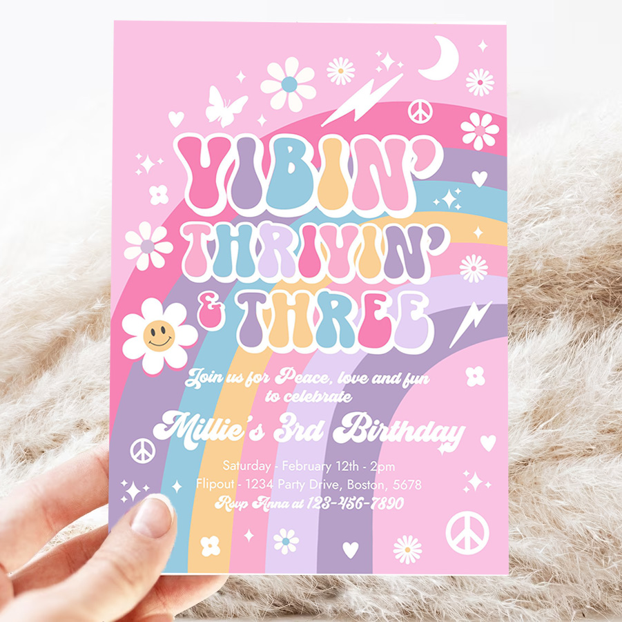 editable vibin thrivin and three 3rd birthday invitation pink purple blue groovy rainbow party hippie 70s birthday 3
